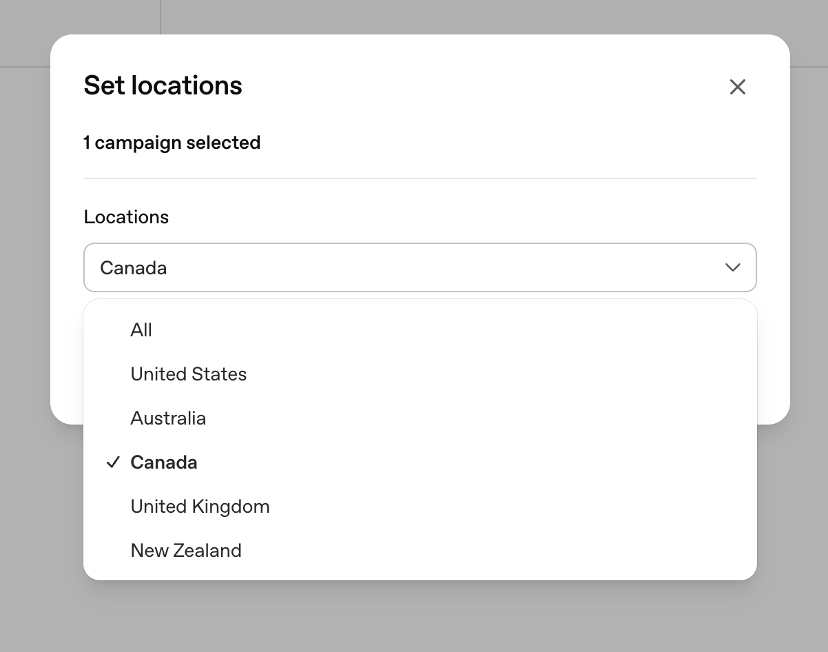 Menu de ciblage géographique de ChatGPT Ads avec le Canada sélectionné